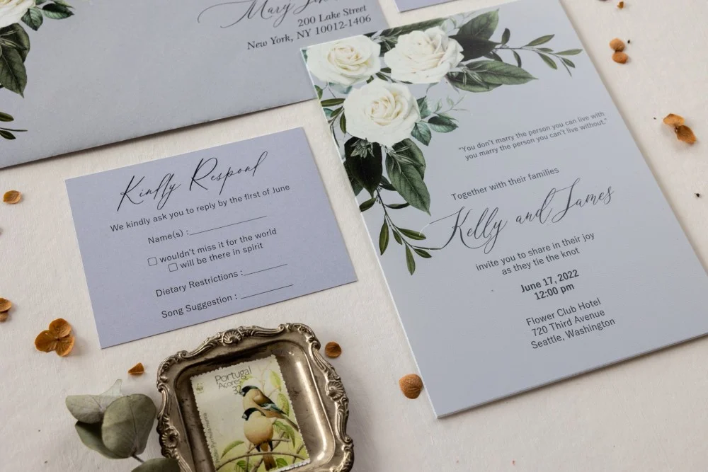 Elegant Glass or Acrylic Dove Grey Wedding Invitations with White Roses Accents - GL20
