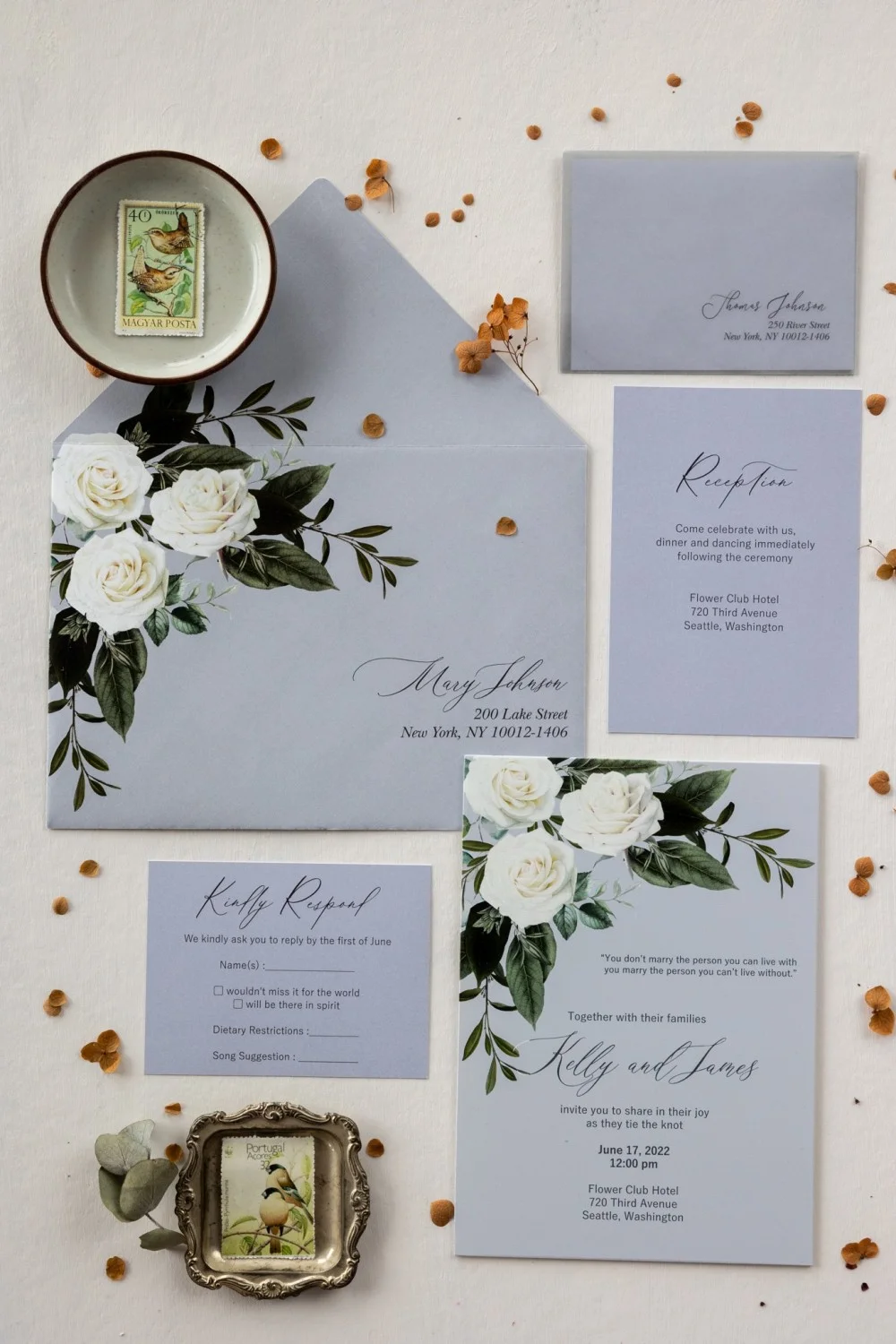 Elegante Glas- oder Acryl-Taubengraue Hochzeitseinladungen mit weißen Rosen - GL20