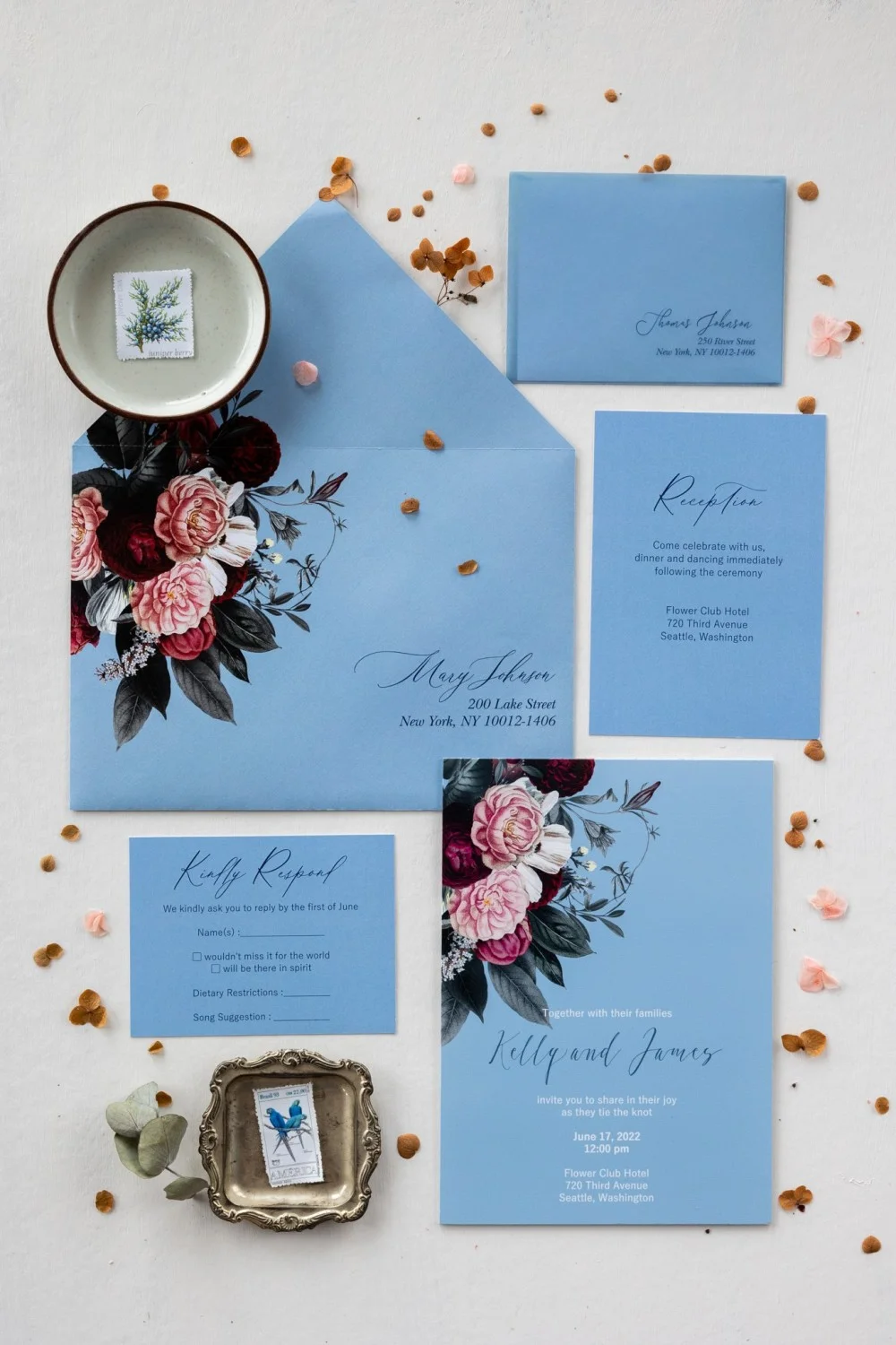 Invitation de mariage en verre ou acrylique Bleu Poudré avec fleurs vintage - GL21