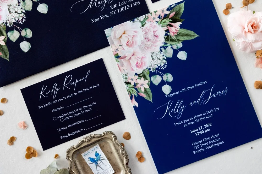 Glass or Acrylic Wedding Invitations, Navy Blue, Glass or Acrylic Dark Blue Wedding Cards with blush pink peonies