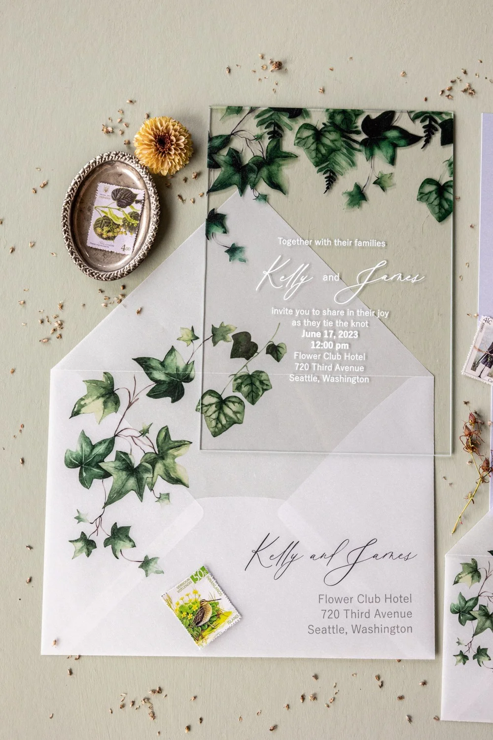 Botanische Hochzeitseinladung aus Acryl mit Efeu, transparente grüne Hochzeitseinladung aus Plexiglas oder Glas