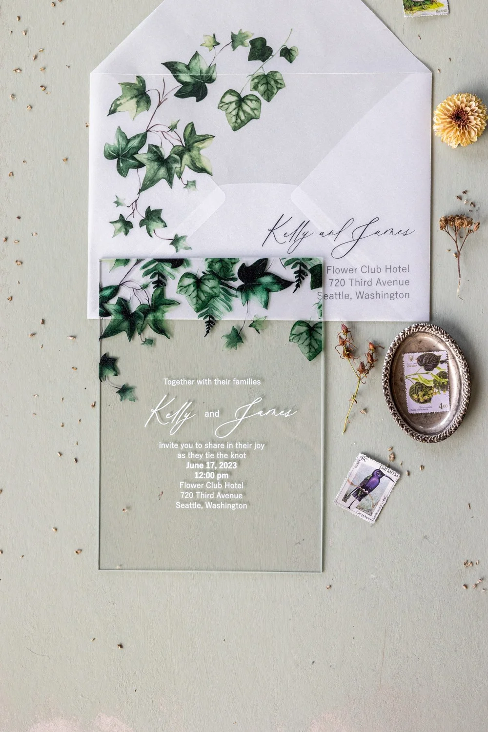 Botanische Hochzeitseinladung aus Acryl mit Efeu, transparente grüne Hochzeitseinladung aus Plexiglas oder Glas
