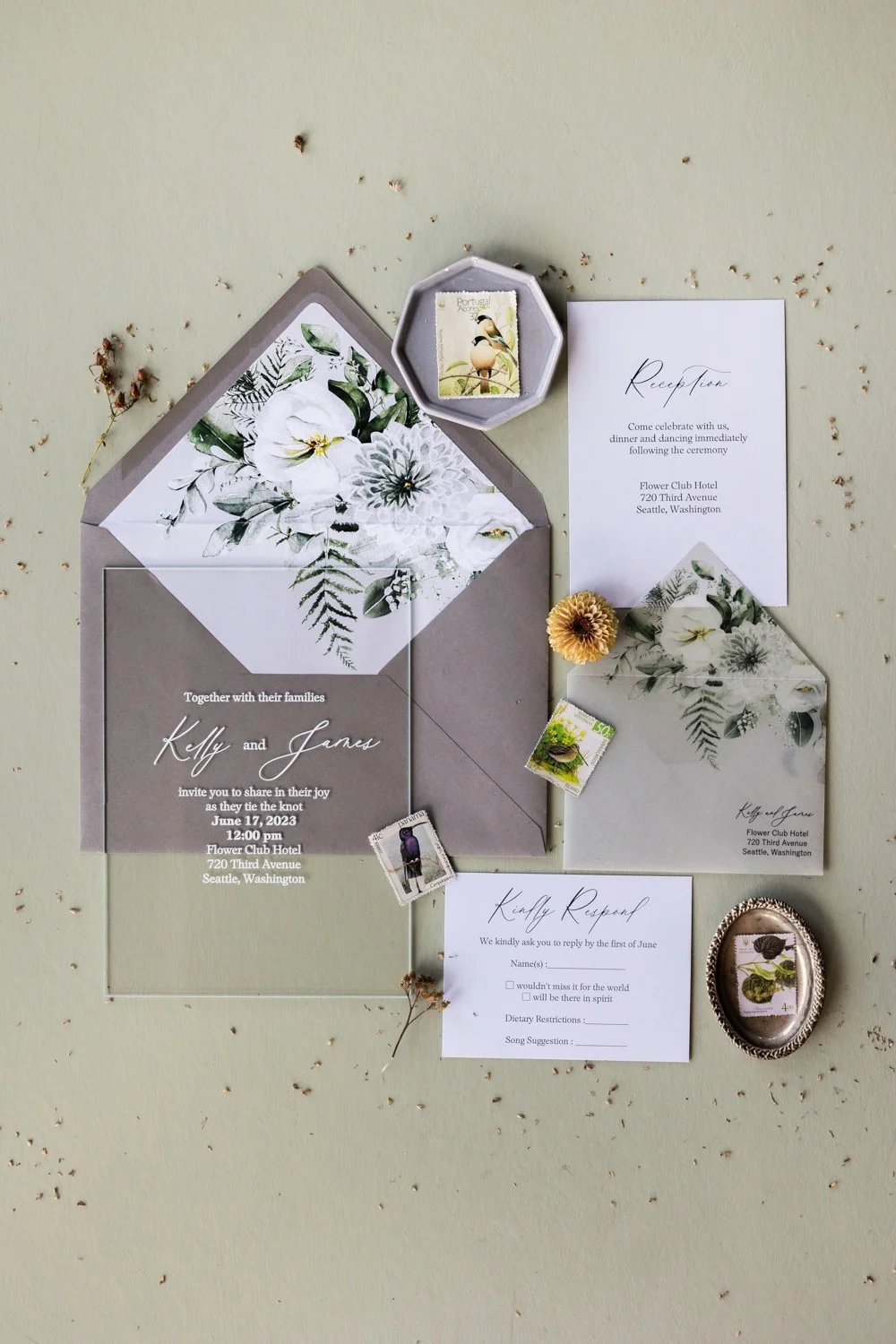 Boho acrylic wedding invitation with white flowers , Greenery Wedding Invitation, Transparent Green Wedding Invitation