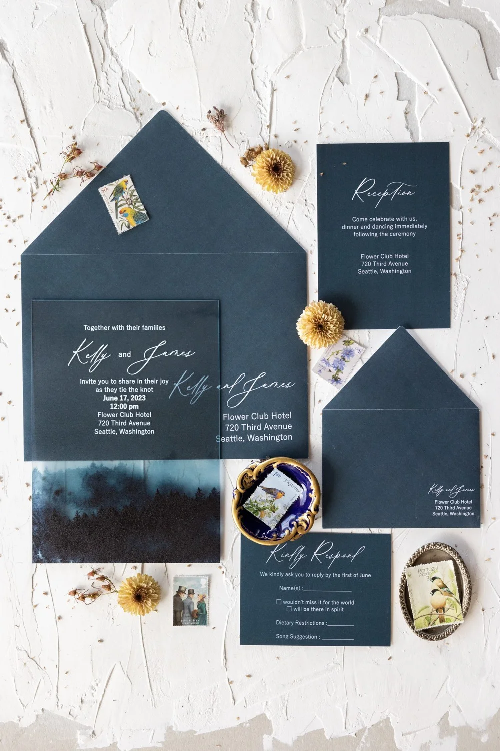 Mountain acrylic wedding invitation, Woodland Wedding Invitation, Transparent Navy Blue Wedding Invitation plexi or glass
