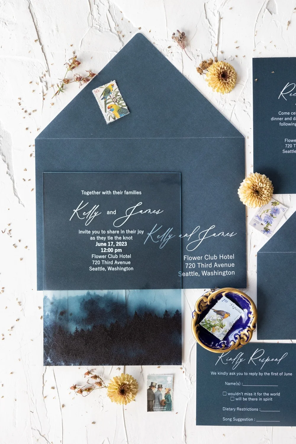 Mountain Acryl Hochzeitseinladung, Woodland Hochzeitseinladung, Transparent Navy Blue Hochzeitseinladung Plexi oder Glas