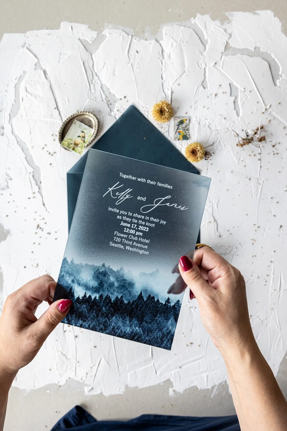 Mountain Acrylic Wedding Invitation: Transparent Navy Blue, Handmade Envelope