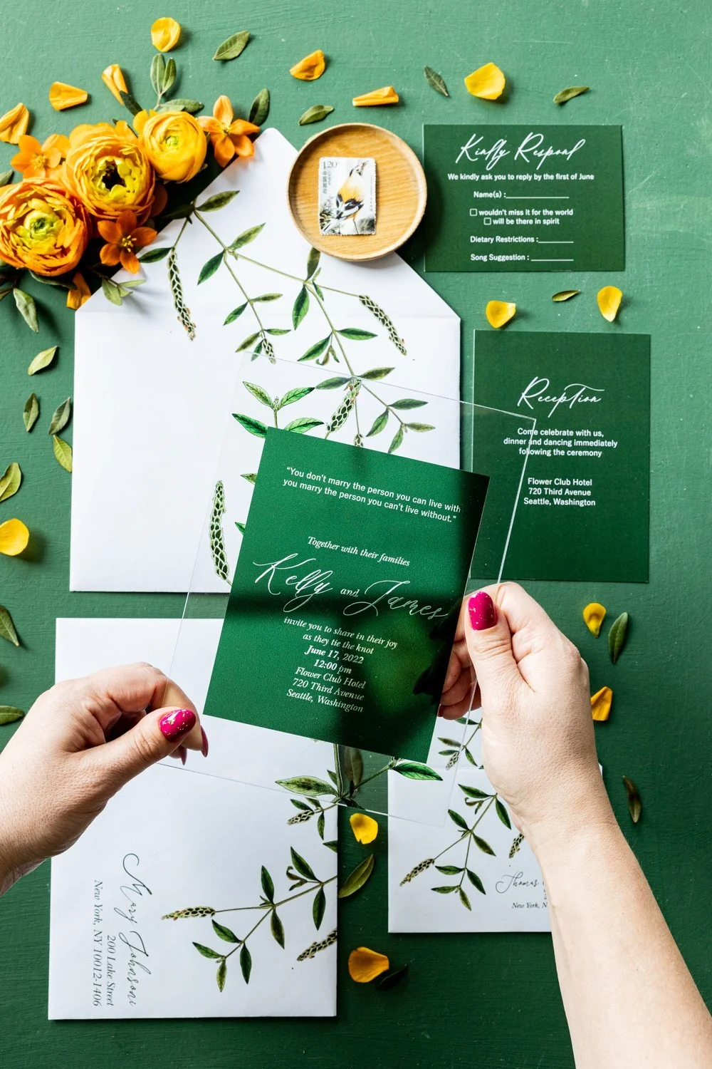 Invitación de boda en acrílico o vidrio, invitaciones de boda en verde, invitaciones de boda transparentes, boda en el bosque
