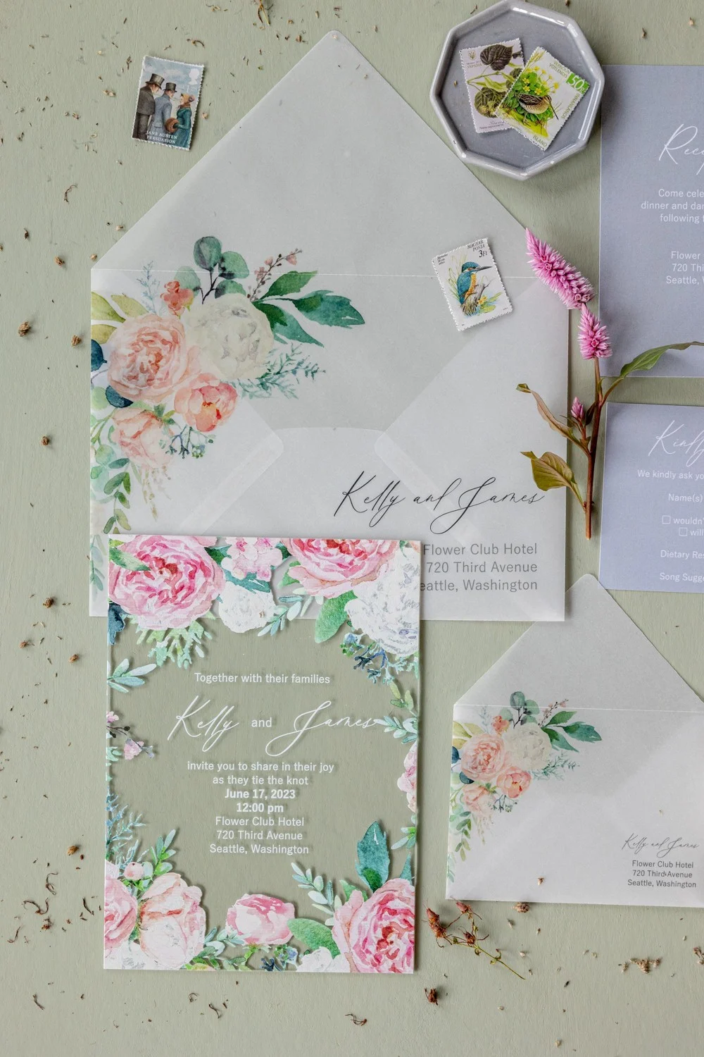 Blush Pink Acrylic Wedding Invitation: Modern Bohemian Design with White Peonies & Transparent Finish - GL27