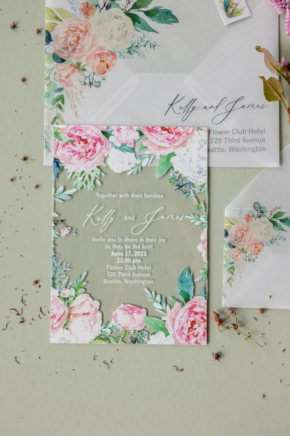 Blush pink acrylic wedding invitation with white peonies , Peony Wedding Invitation, Transparent Pink Wedding Invitation