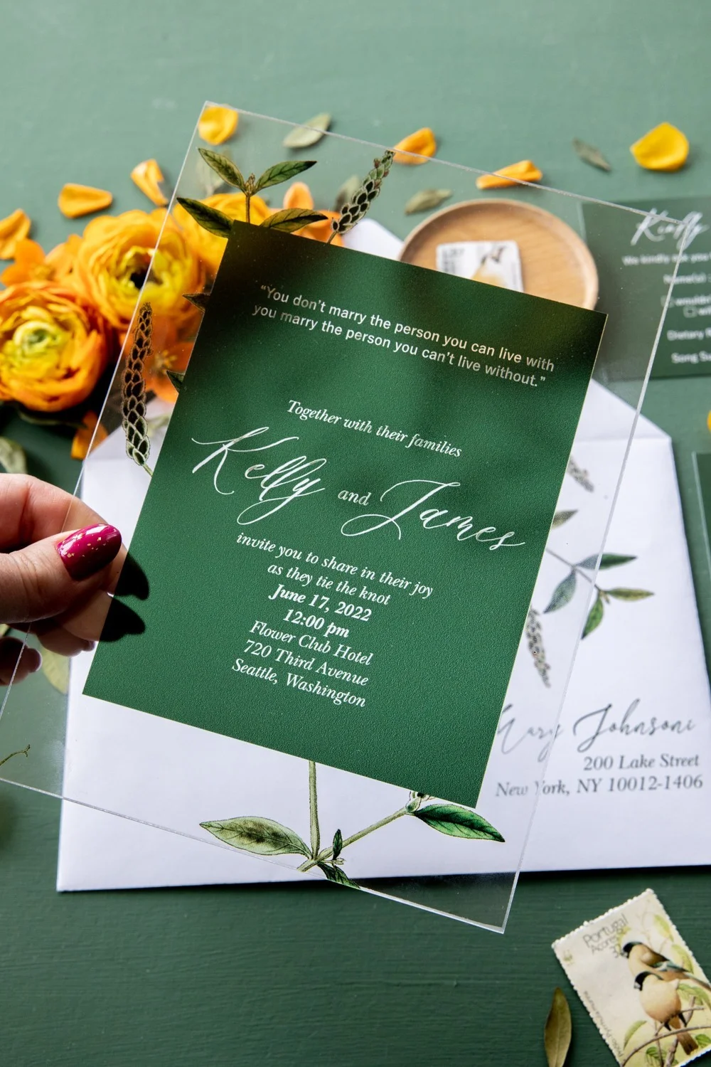 Acrylic or Glasss Wedding Invitation, Green Wedding Invitations, Transparent Wedding Invites, Forest wedding