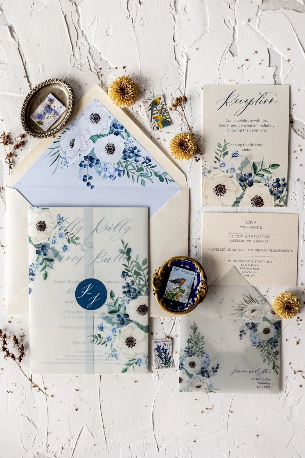 Blaue Hochzeitseinladung mit Anemonen, Blaue Hochzeitseinladung, Boho Hochzeitseinladungen, Elegante Einladungen