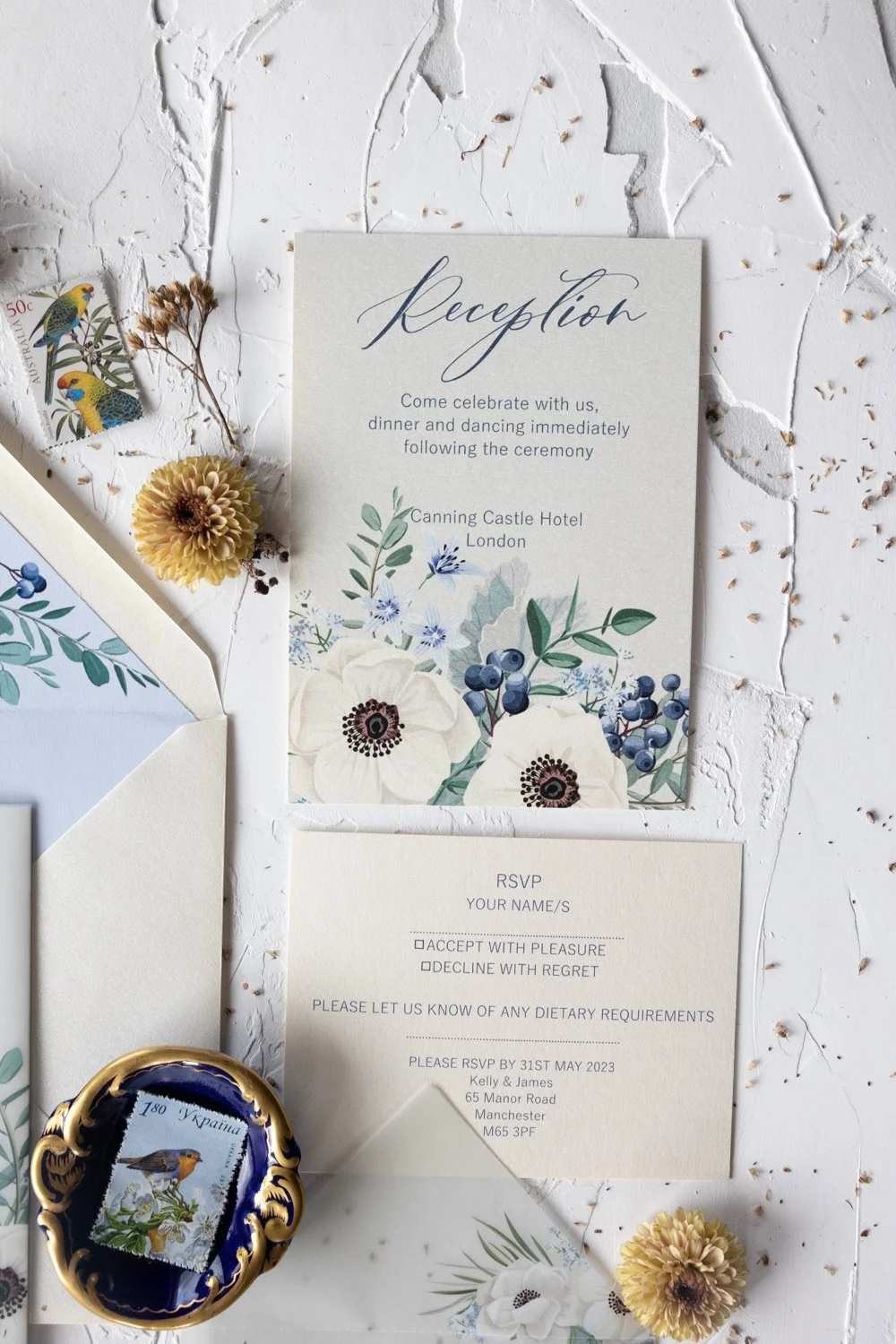 Blue wedding invitation with anemones , Blue Wedding Invitation, Boho wedding invitations, Elegant invitations