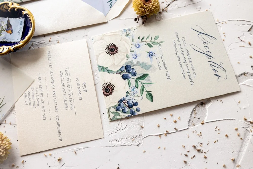 Blaue Hochzeitseinladung mit Anemonen, Blaue Hochzeitseinladung, Boho Hochzeitseinladungen, Elegante Einladungen