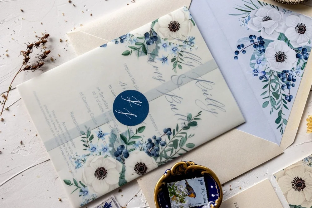 Blue wedding invitation with anemones , Blue Wedding Invitation, Boho wedding invitations, Elegant invitations