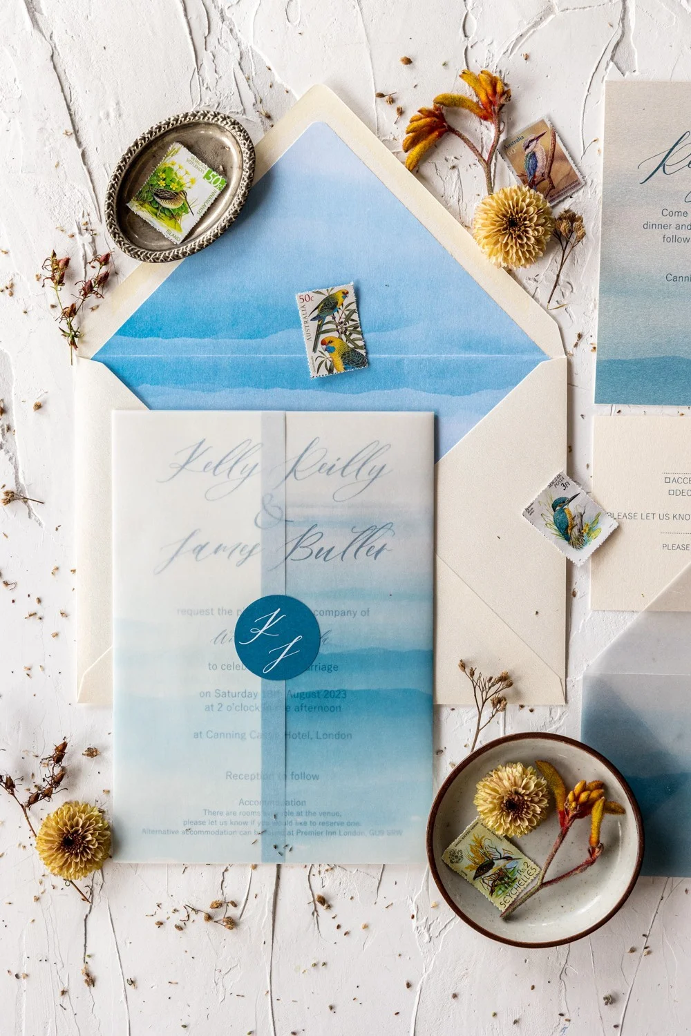 Invitation de mariage en aquarelle bleu clair, invitation de mariage à la plage, invitation de mariage en vélin
