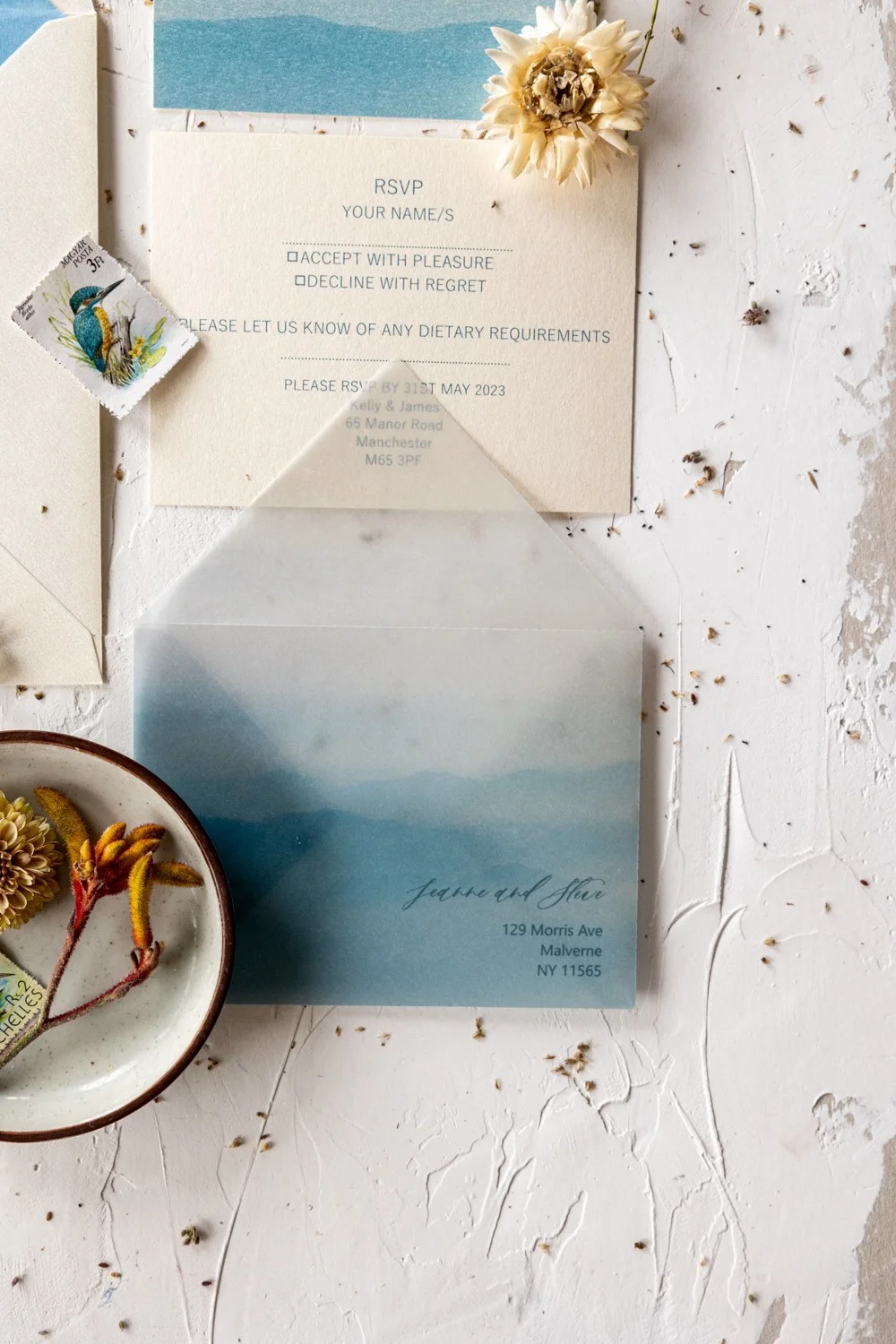 Hellblau Aquarell Hochzeitseinladung Set, Strand Hochzeit Einladung, Pergament Hochzeit Einladung