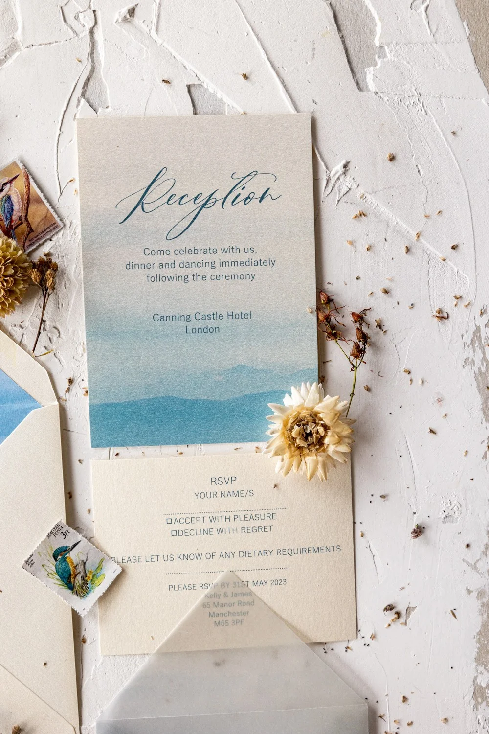 Hellblau Aquarell Hochzeitseinladung Set, Strand Hochzeit Einladung, Pergament Hochzeit Einladung