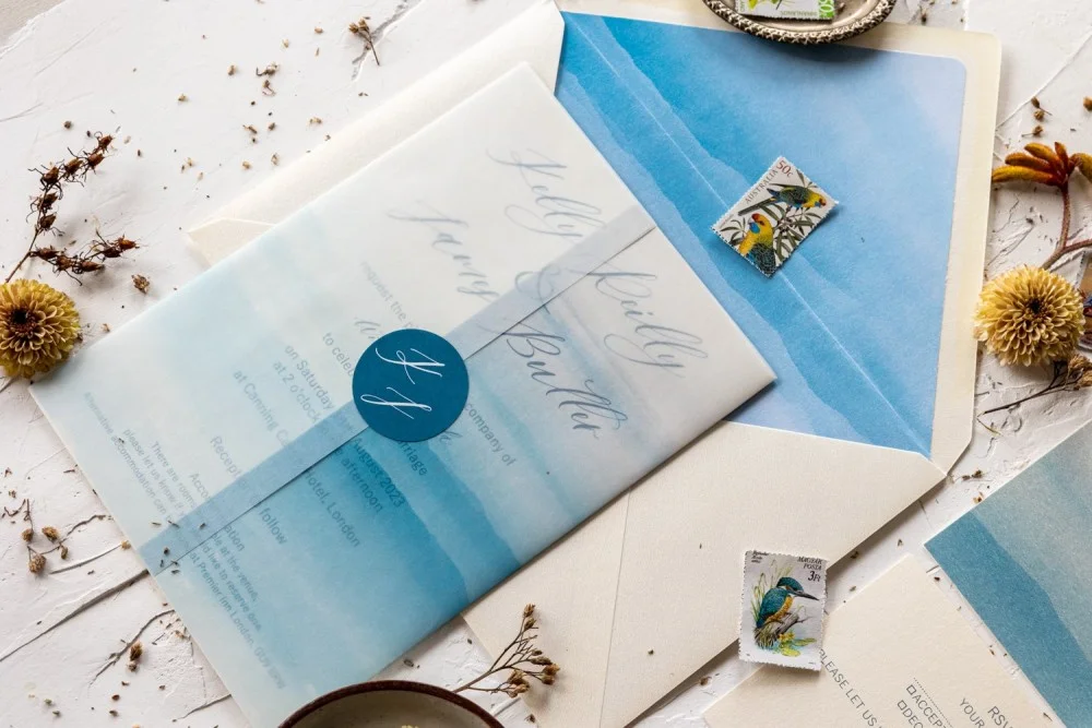 Light Blue Watercolor Wedding Invitation Set, Beach wedding invitation, Vellum wedding Invitation