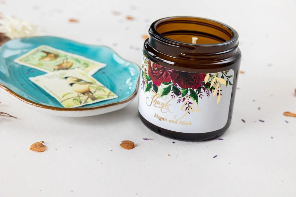 Handmade Soy Wax Candle: Burgundy Floral Design with Gold Inscriptions and Twigs, Model S2