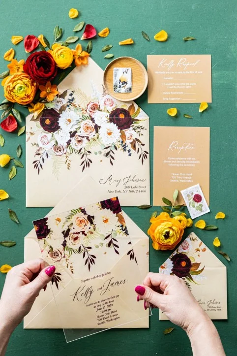 invitations de mariage d'automne, invitations de mariage transparentes en acrylique ou en verre, invitation d'automne bohème.
