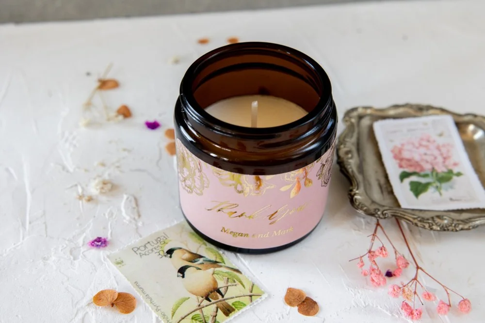 Soy Wax Wedding Favors - Blush Pink, Handmade Glass Jar Candle with Gold Text and Flowers - Model S13