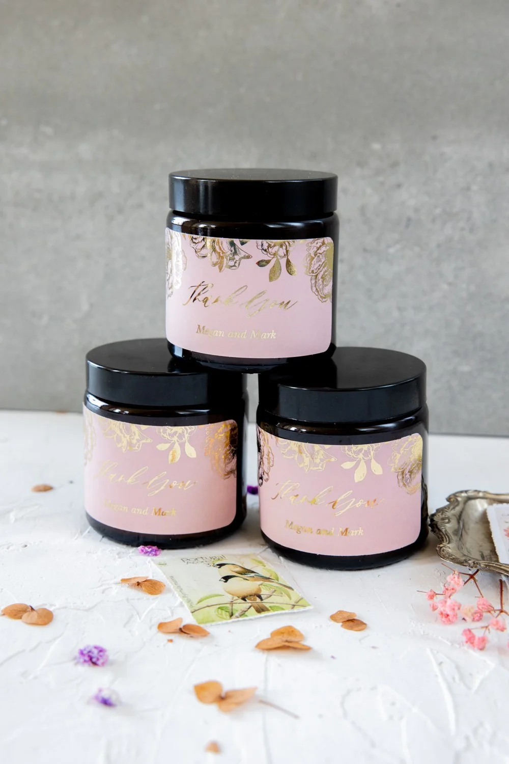 Soy Wax Wedding Favors - Blush Pink, Handmade Glass Jar Candle with Gold Text and Flowers - Model S13