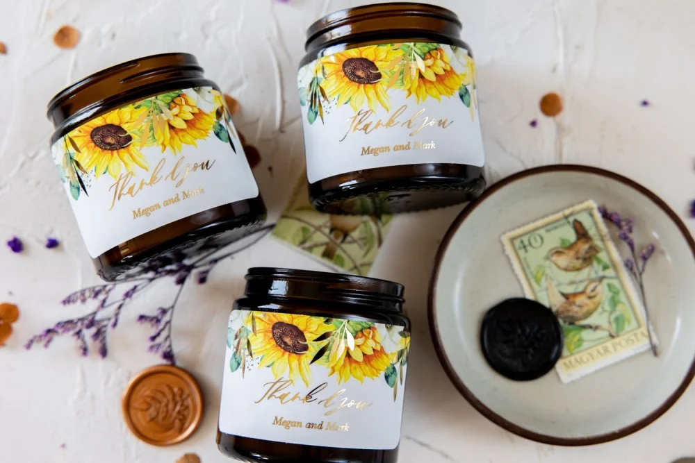 Wedding Favors for Guests in bulk | Sunflower Wedding Favors | Glass Jar Candle | Bridal Shower Favors | Soy Wax Candles