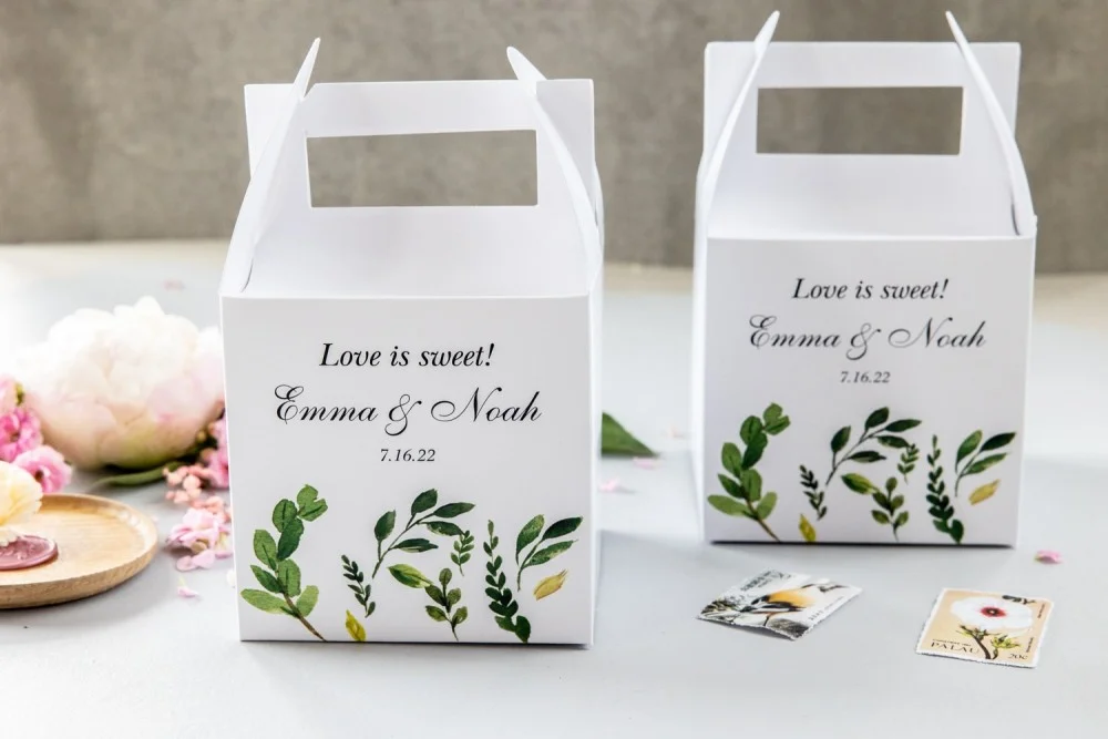Boho Hochzeit Favor Boxen für Gäste mit Namen | Bridal Shower Favors | Personalisierte Kuchen-Boxen