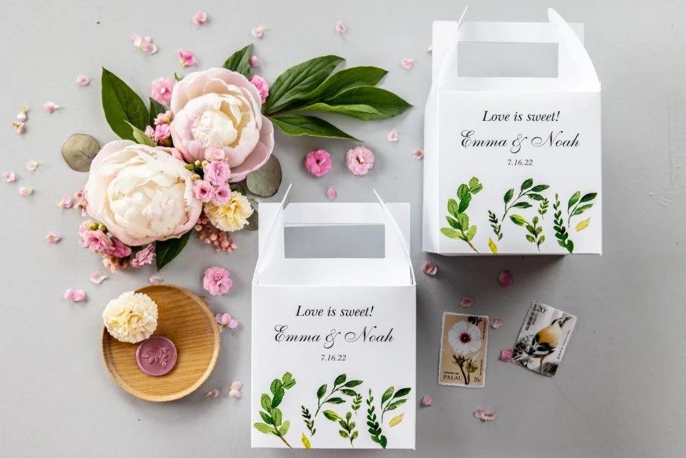 Boho Wedding Favor Boxes for guests with names | Bridal Shower Favors | Personalized Cake Boxes | Welcome Bag