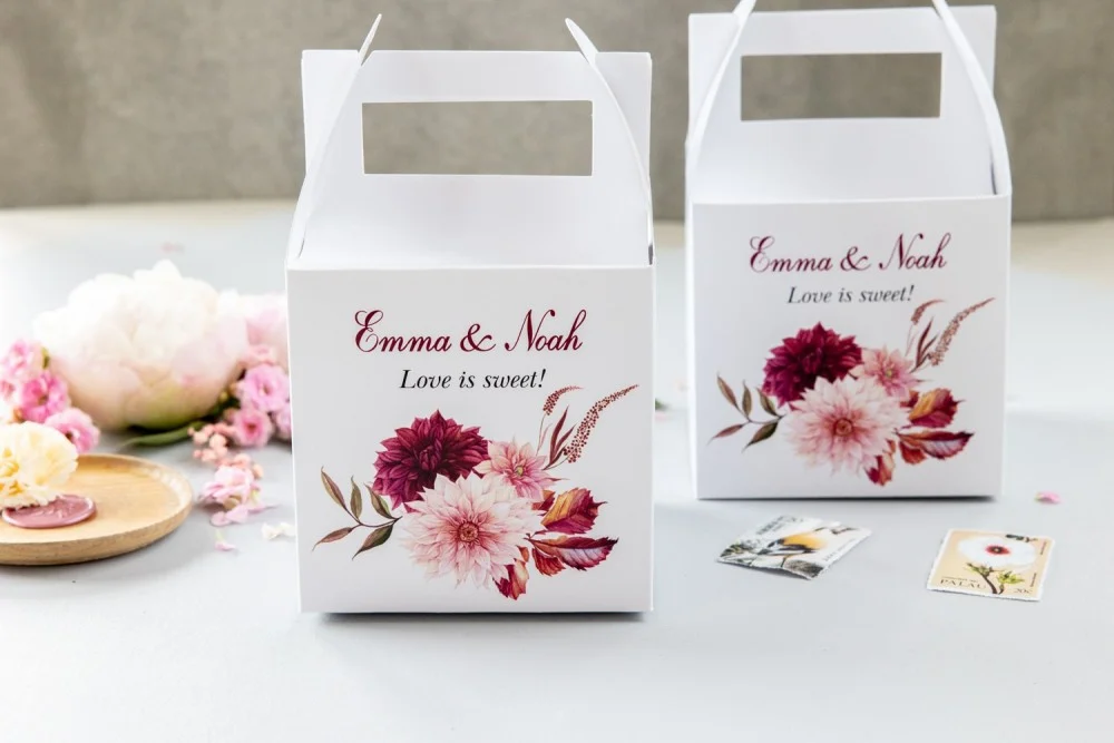 Boho Wedding Favor Boxes for guests with names | Bridal Shower Favors | Personalized Cake Boxes | Welcome Bag