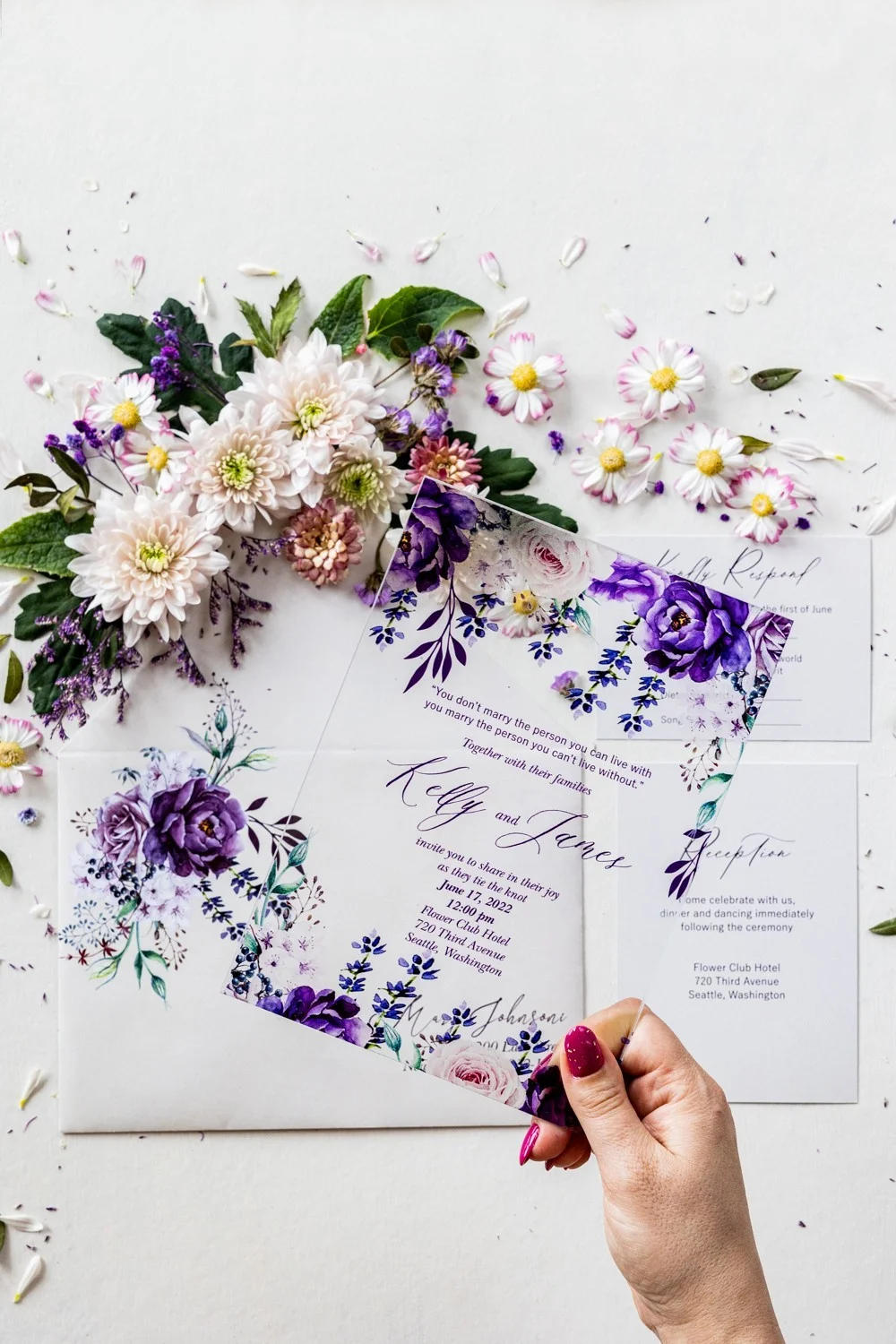 Invitation de mariage violet, Invitation en verre ou en acrylique violet et lavande
