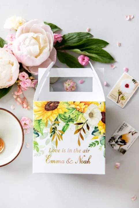 Sonnenblume Hochzeit Favor Boxen für Gäste mit Namen | Bridal Shower Favors | Personalisierte Kuchen-Boxen
