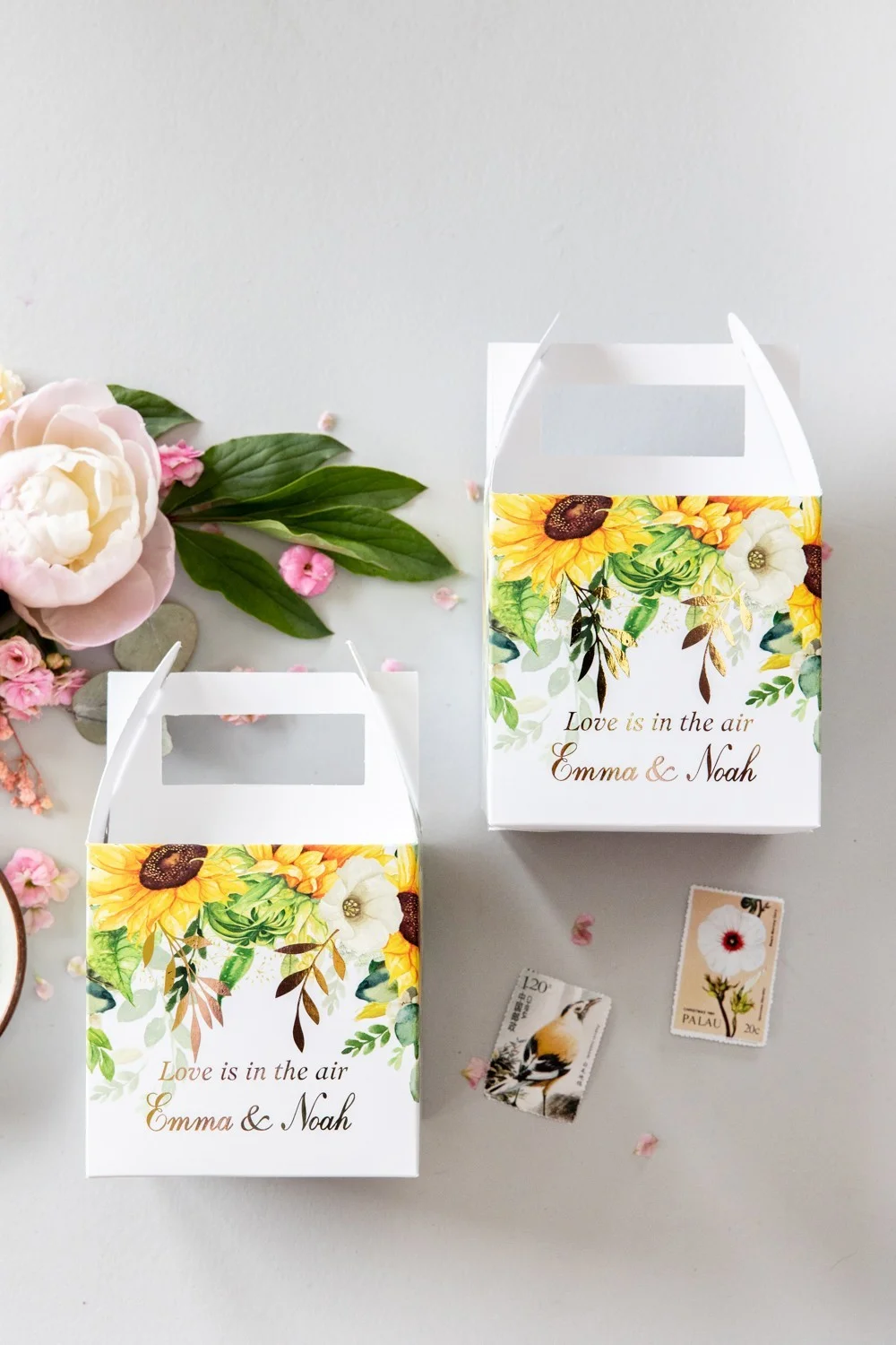 Sunflower Wedding Favor Boxes for guests with names | Bridal Shower Favors | Personalized Cake Boxes | Welcome Bag