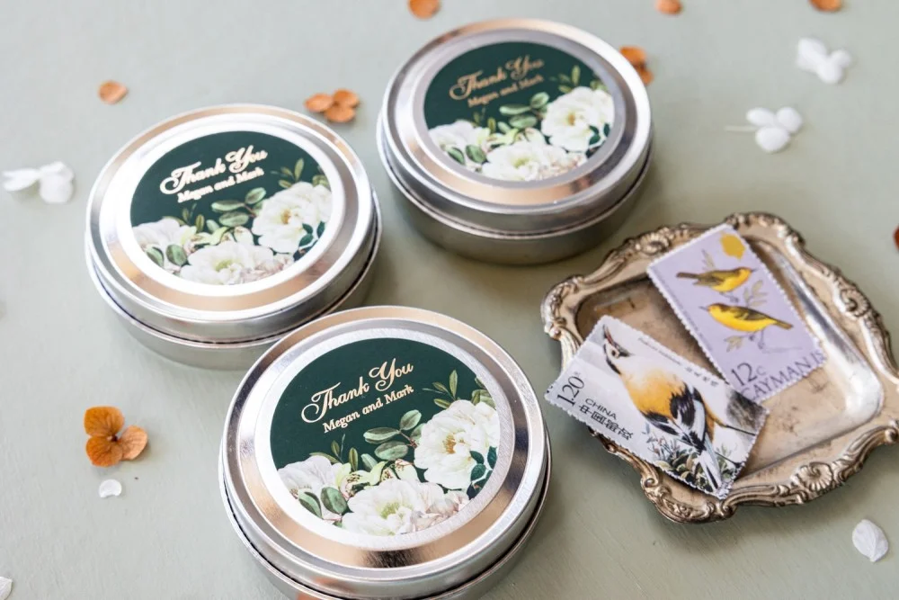 Personalized, handmade Soy Wax Candles Favors for your Wedding Guests with gold text Natural Soy Wax Candle Handmade Gift
