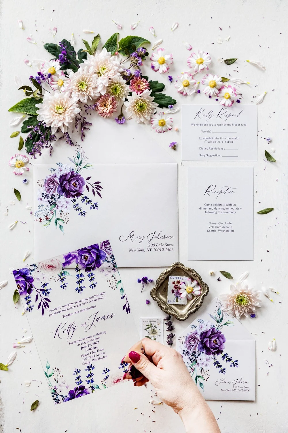 Elegant Lavender & Purple Glass or Acrylic Wedding Invitation Suite - Customizable, Luxurious, and Unique Wedding Invites - GL4