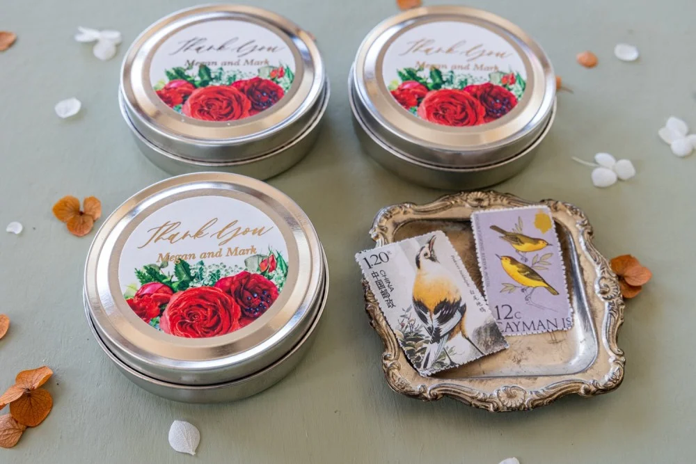 Personalized, handmade Soy Wax Candles Favors for your Wedding Guests with gold text ,with red flowers roses