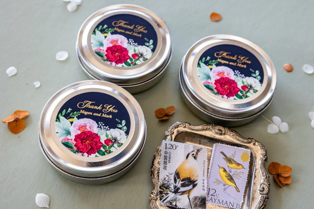 Personalized, handmade Soy Wax Candles Favors for your Wedding Guests with gold text