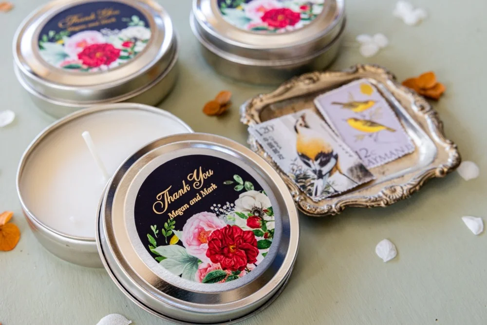 Personalized, handmade Soy Wax Candles Favors for your Wedding Guests with gold text