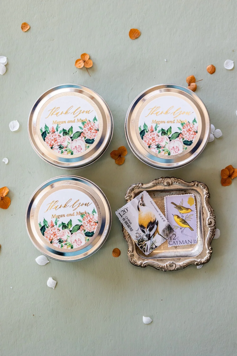 Personalized, handmade Soy Wax Candles Favors for your Wedding Guests with gold text and blush pink flowers