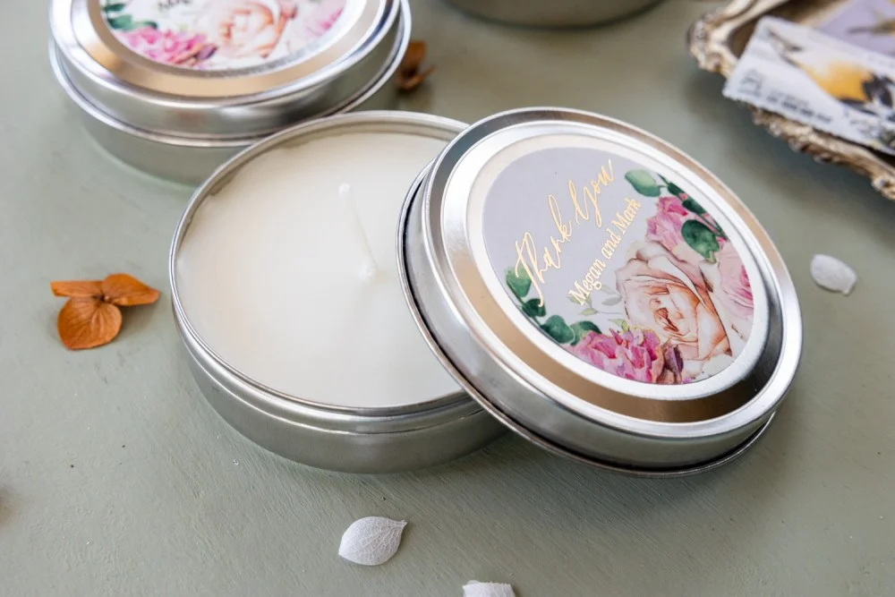 Personalized, handmade Soy Wax Candles Favors for your Wedding Guests with gold text and roses and carnations flowers
