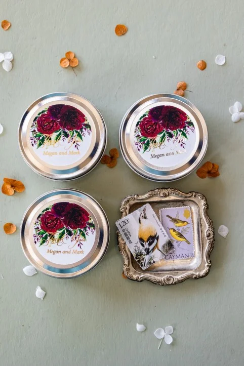 Personalized, handmade Soy Wax Candles Favors for your Wedding Guests with gold text and burgundy peonies