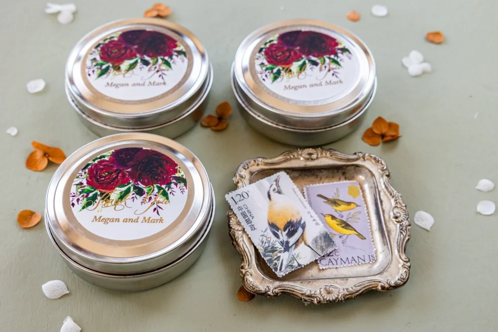 Personalized, handmade Soy Wax Candles Favors for your Wedding Guests with gold text and burgundy peonies