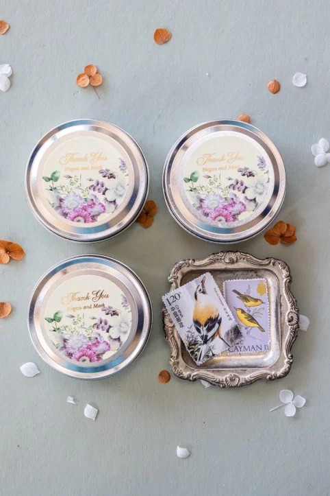 Personalized, handmade Soy Wax Candles Favors for your Wedding Guests with gold text and vintage flowers