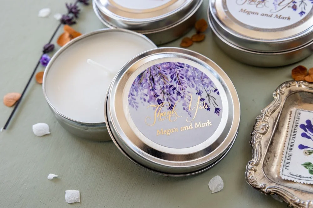 Personalized, handmade Soy Wax Candles Favors for your Wedding Guests with gold text and lavender