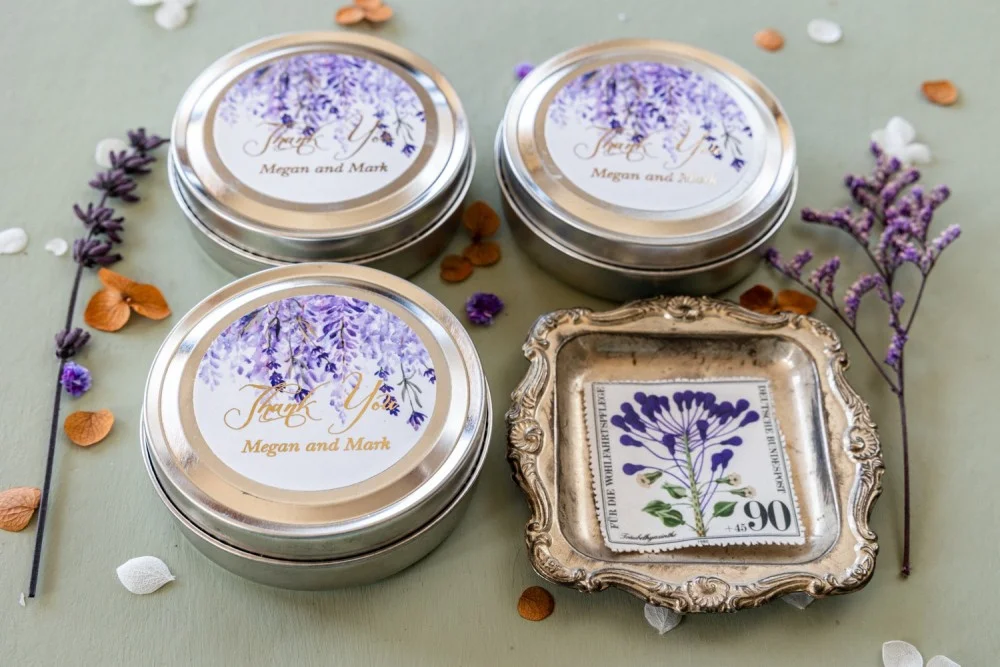 Personalized, handmade Soy Wax Candles Favors for your Wedding Guests with gold text and lavender