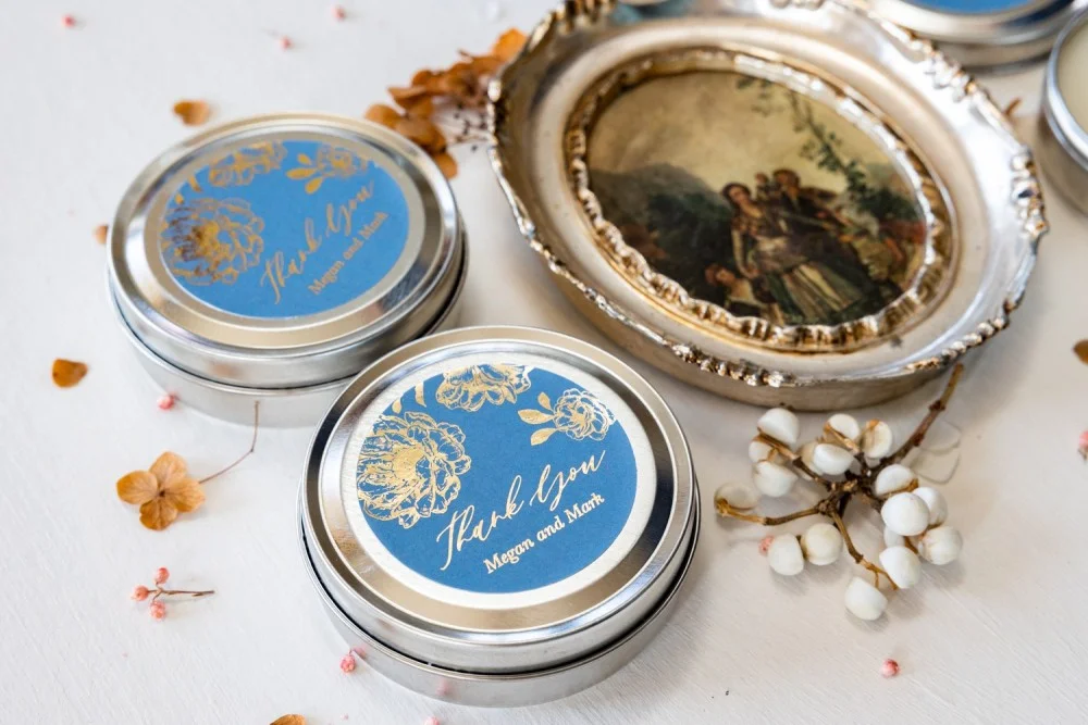 Personalized, handmade Soy Wax Candles Favors for your Wedding Guests with gold text and flowers