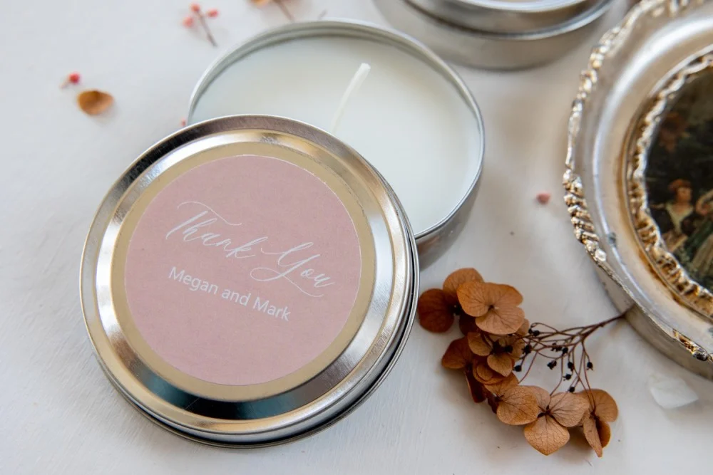 Personalized, handmade Soy Wax Candles Favors for your Wedding Guests, blush pink color