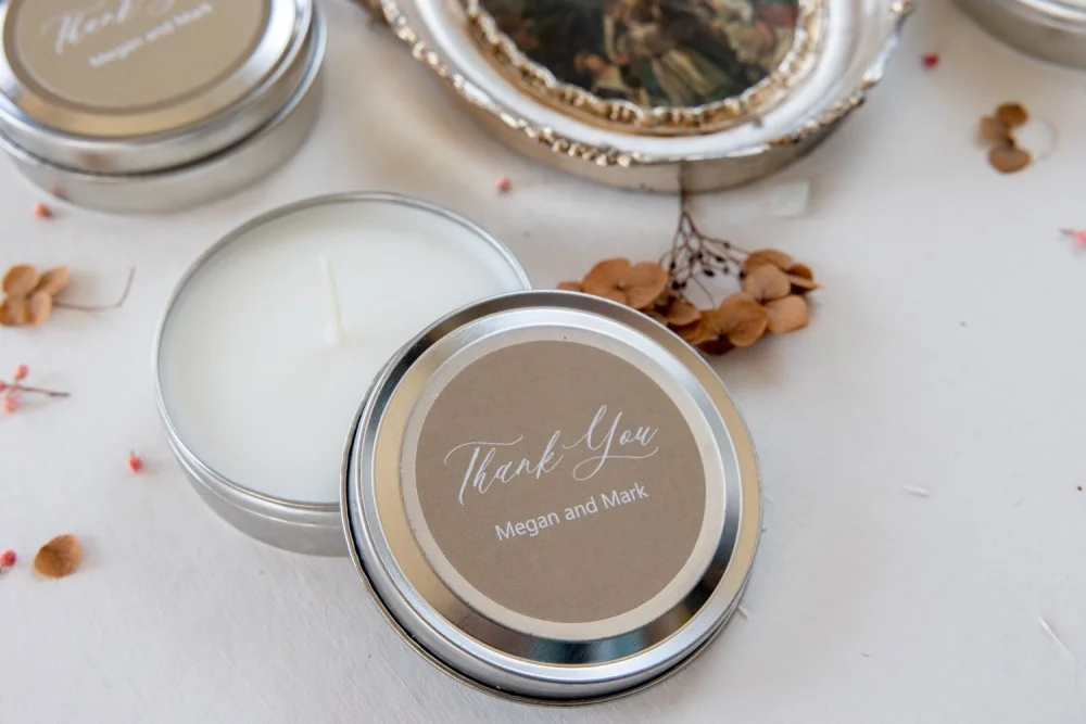 Personalized, handmade Soy Wax Candles Favors for your Wedding Guests, Beige color