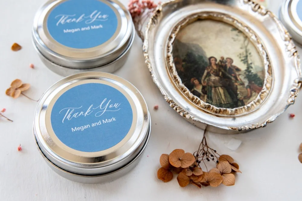 Personalized, handmade Soy Wax Candles Favors for your Wedding Guests, Dusty Blue color