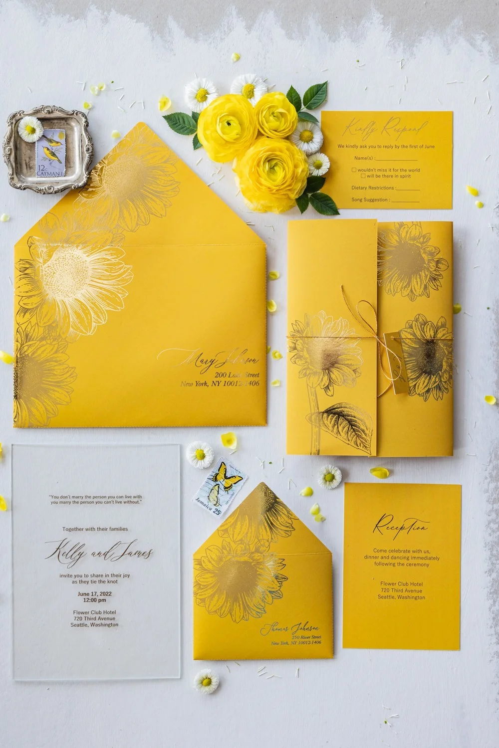 Sonnenblume Hochzeitseinladung, Glas oder Acryl Hochzeitseinladungen, klare Hochzeitseinladung mit Sonnenblumen